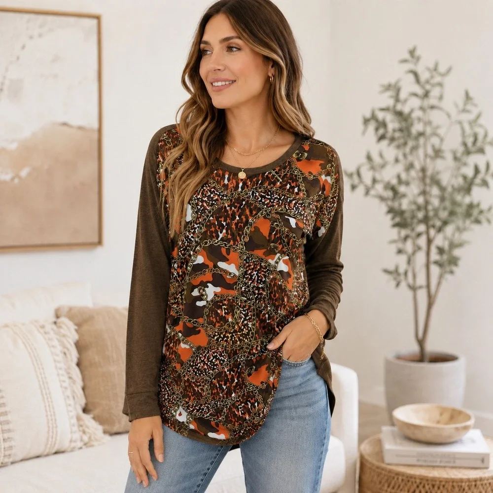 Michael Kors Top Women's L Retro Y2K Designer Print Camo‎ Long Sleeve Knit Large